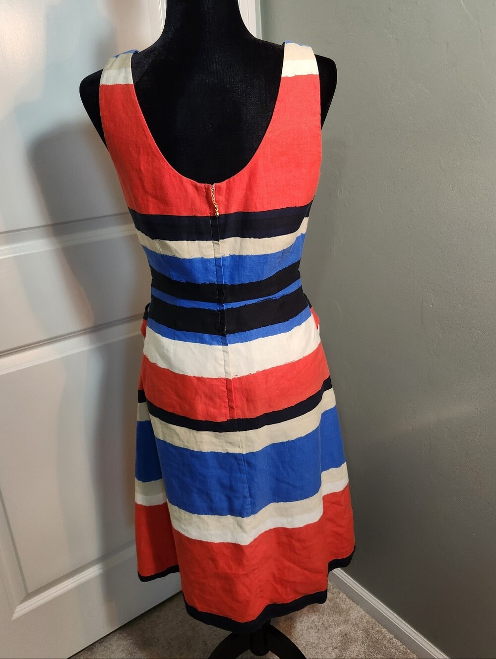 kate spade Coral, Blue & White Striped Sleeveless Midi Dress with Bow Waist - Picture 3 of 10